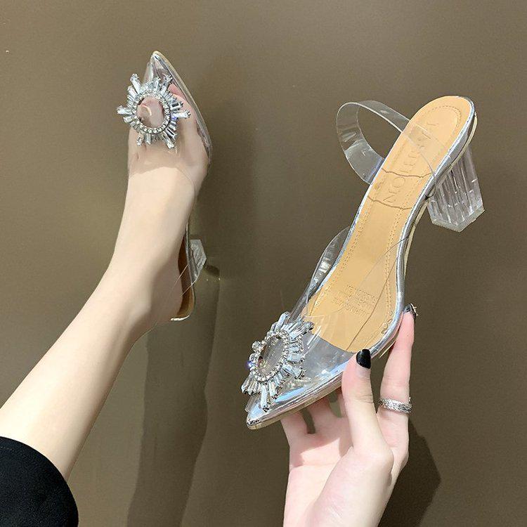 Spring/Summer 2021 Sunflower Pointed-Toe Crystal Sandals with Chunky Wine Glass Heels for Women