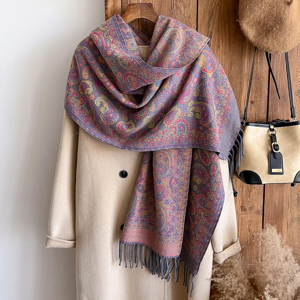 Winter Women'S Thick Pashmina Shawl Paisley Design National Style Warm Long Tassel Scarf Poncho Stoles For Cold Weather