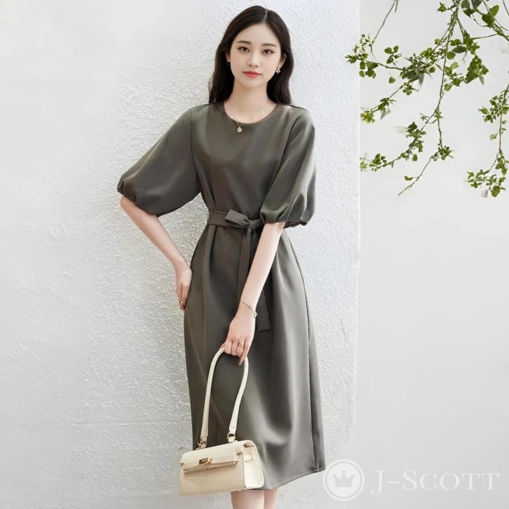 J-Scott Puff Sleeve Dress with Sash Belt, Midi Length, 3/4 Sleeves, Round Neck, I-Line, Beautiful Green Gray, JS82-GY-M