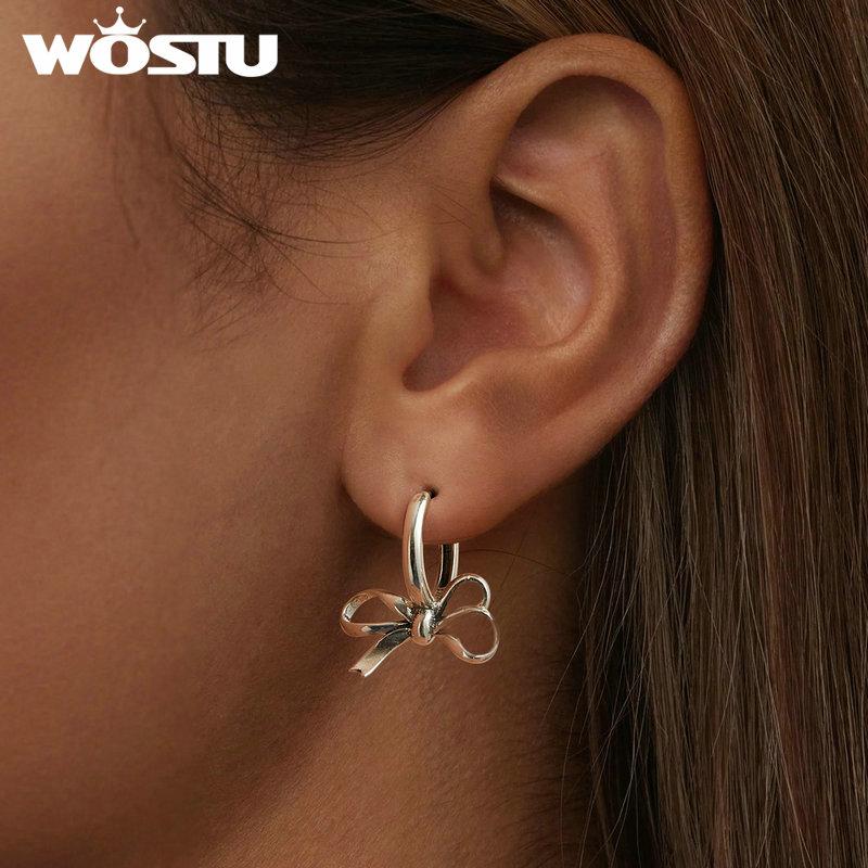WOSTU 925 Sterling Silver Bow Hoop Earrings Lady Birthday Jewelry Hollow Bow-knot Ear Buckle Euro Korean Student Girl Party Gift