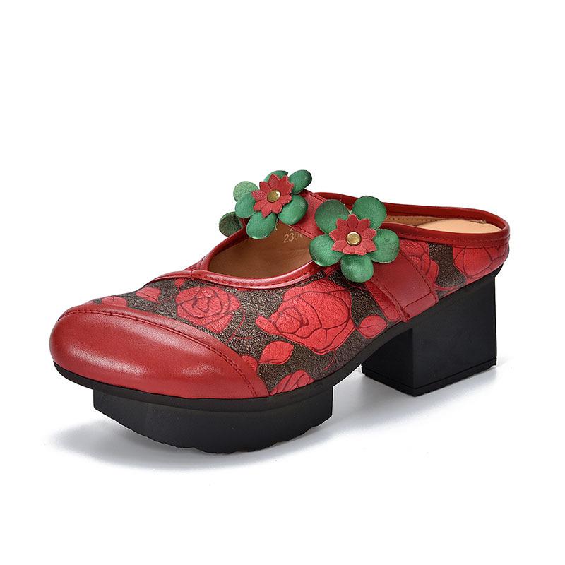 5.5cm Cow Genuine Leather Women Summer Sandals Shoes Hollow Slip On Rubber Chunky Heels Elthnic Appliques Slipper Loafer Pumps