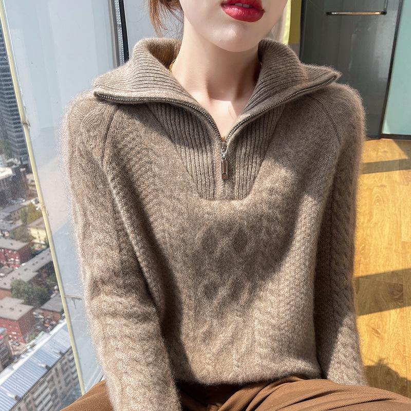 Women's Heavyweight Thickened 100% Wool Half-Zip Sweater, Autumn/Winter Fashion, Versatile Knitwear with Large Turn-Down Collar.
