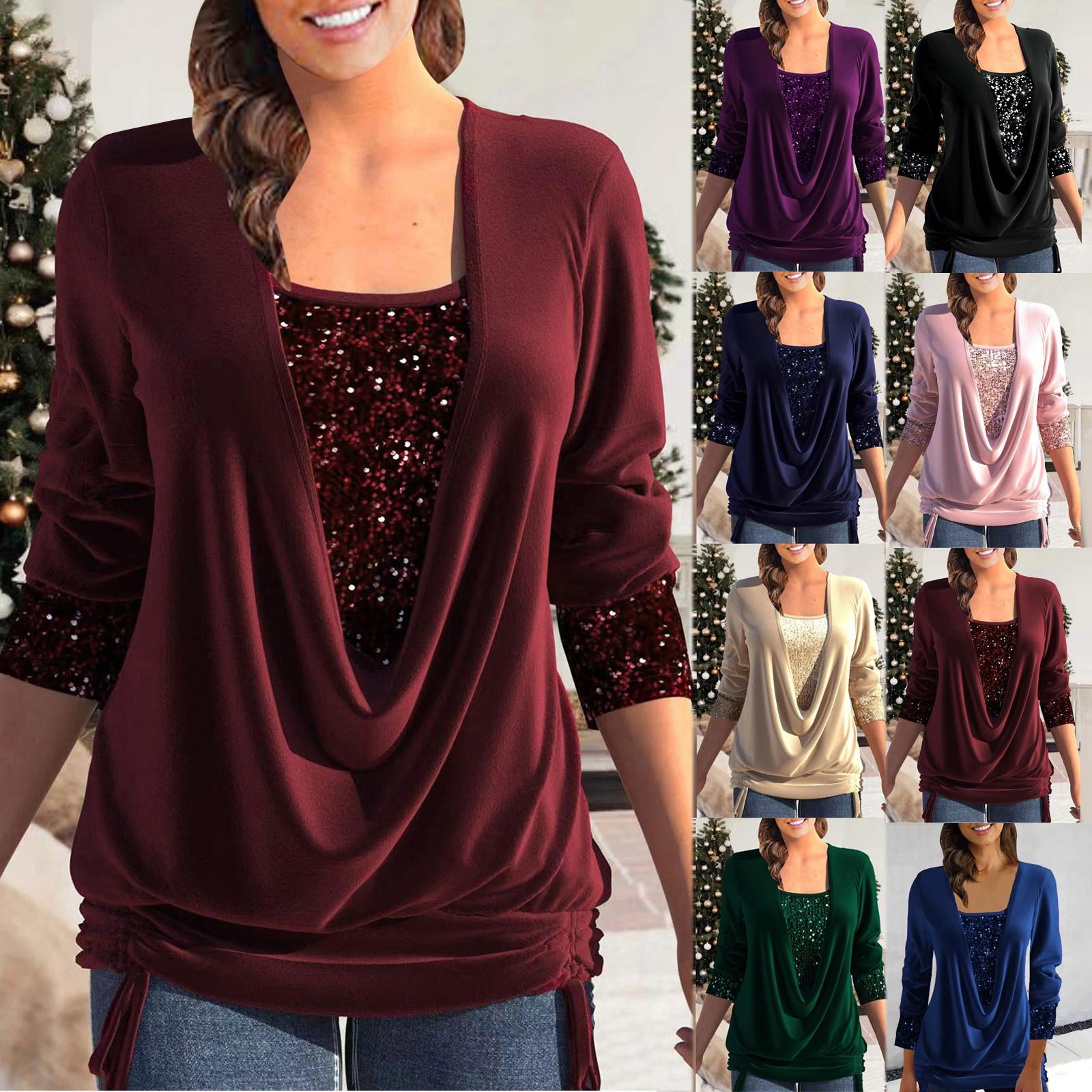 

Женский сплошной цвет с блестками и длинным рукавом, большой воротник с подвеской, свободный топ из двух частей с завязками