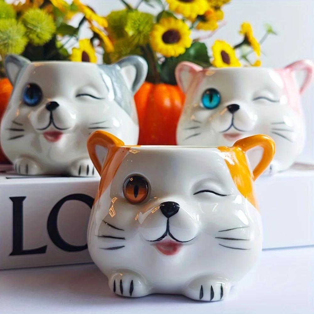 3-piece Set of Ceramic Cat Shaped Flower Pots, Animal Printed Succulent Flower Pots with Drainage Holes, Desktop Decoration