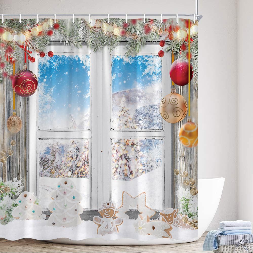 Christmas Shower Curtain Cute Snowman Santa Claus Xmas Tree Dog Winter Truck New Year Home Bathroom Curtains Decor With Hooks