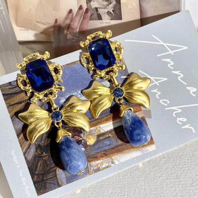 Bow Blue Earrings Retro Style Design Rhinestone Handmade Earrings