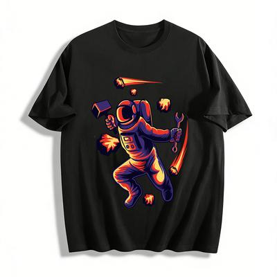Astronaut With Hammer Wrench Graphic Casual Short Sleeve Tee Pure Cotton T-shirt