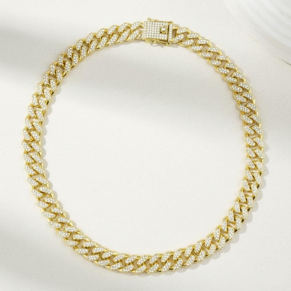 

50СМ Инкрустированная Цепь Miami Cuban Link Браслет Набор для Мужчин Посеребленная Нержавеющая Сталь Хип-Хоп Украшения золотой