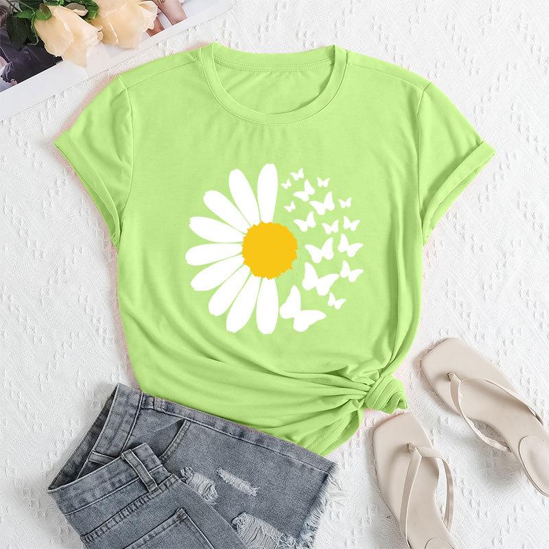 Summer Women's Daisy Butterfly Print Loose Round Neck Casual Pure Cotton Short Sleeved T-shirts Women's