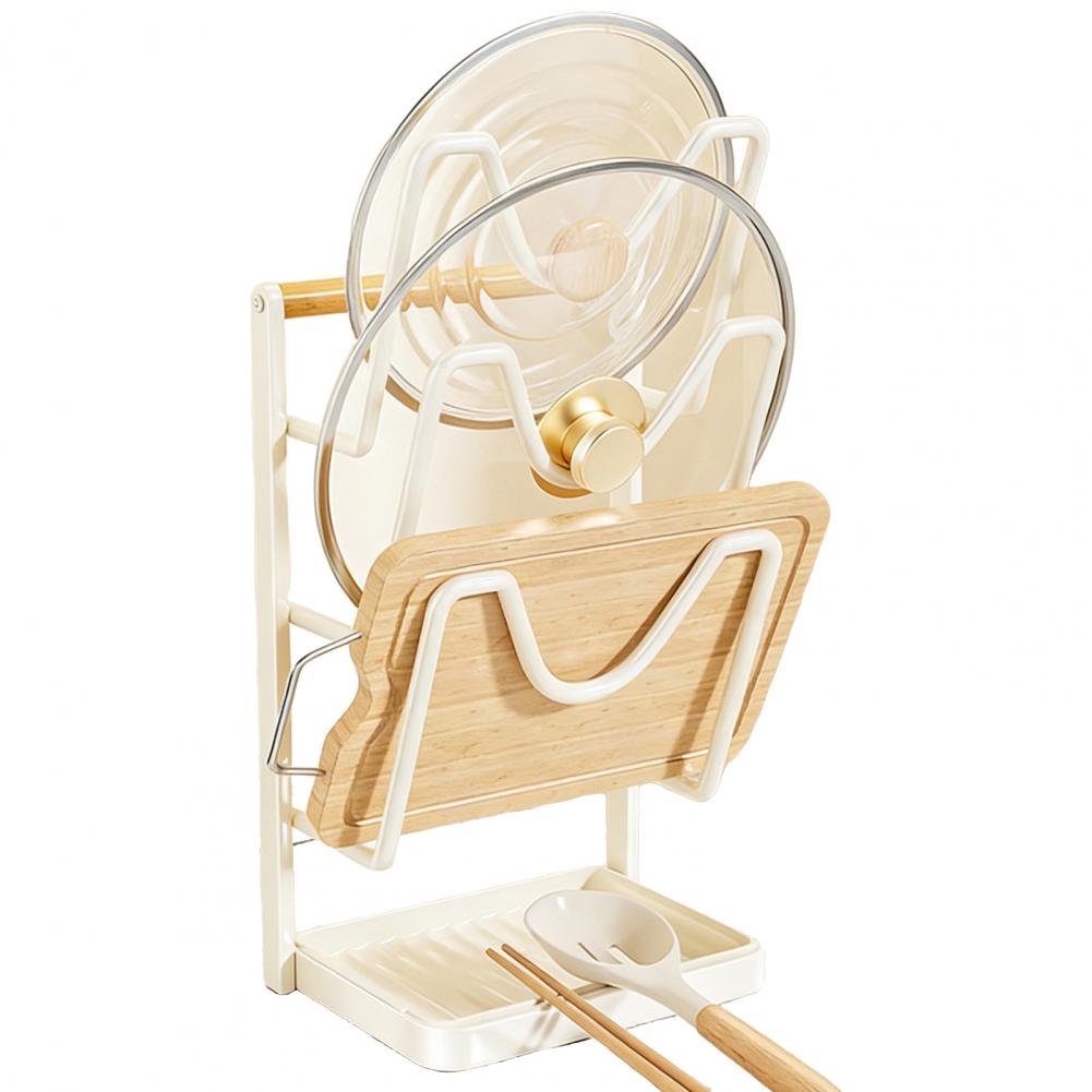 Kitchen Pot Lid Storage Rack Carbon Steel Pot Lid Holder While Cooking Pot Lid Stand with Spoon Rest Removable Drip Tray