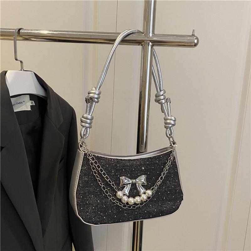 Metal Bow Women's PU Small Shoulder Bag Pearl Chain Sweet Cool Girls Underarm Bags Handbags Portable Female Messenger Bag