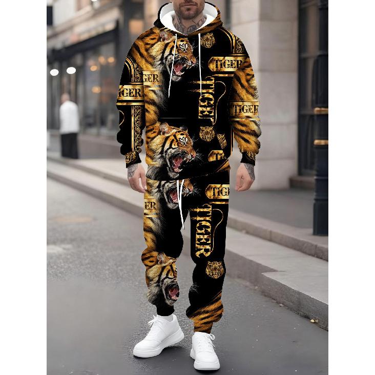 Fashion Casual Autumn Winter Men'S Suit? Fierce Tiger 3D Print Long Sleeve Hooded Sweatshirt And Pants? Two-Piece Set? Streetwear & Majestic Style?