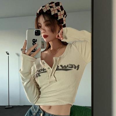 Retro graffiti potlač Elastické tričko Dámske Sexy Slim Crop Top Rebrované Topy s dlhým rukávom do O-výstrihu Grunge Tričká Topy Kórejský