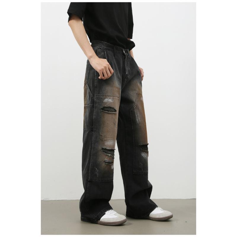 Street Retro Lumberjack Jeans Men's High Street Broken Hole Loose Straight Pants Straight Loose Jeans for Men Fashionable and Comfortable Pants