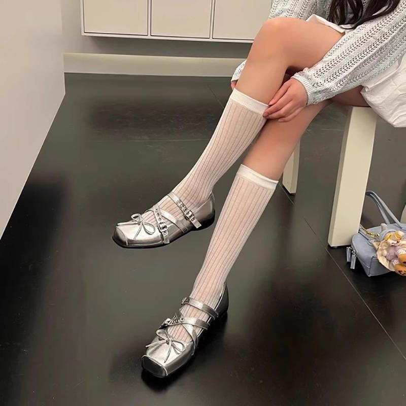 Spring and summer new silver bow ballet shoes femininity cross strap versatile Mary Jane shoes