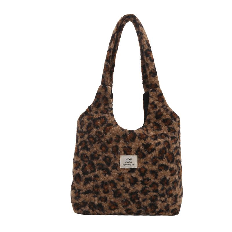 

Fashion and lazy winter new leopard print plush bucket bag design personalized shoulder underarm women s bag коричневий