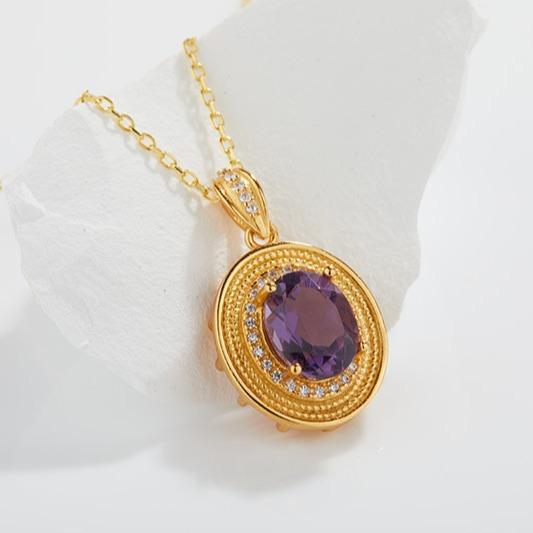 Niche Colored Jewelry Natural Amethyst Necklace Female S925 Sterling Silver Pendant French Retro Court Style Does Not Fade