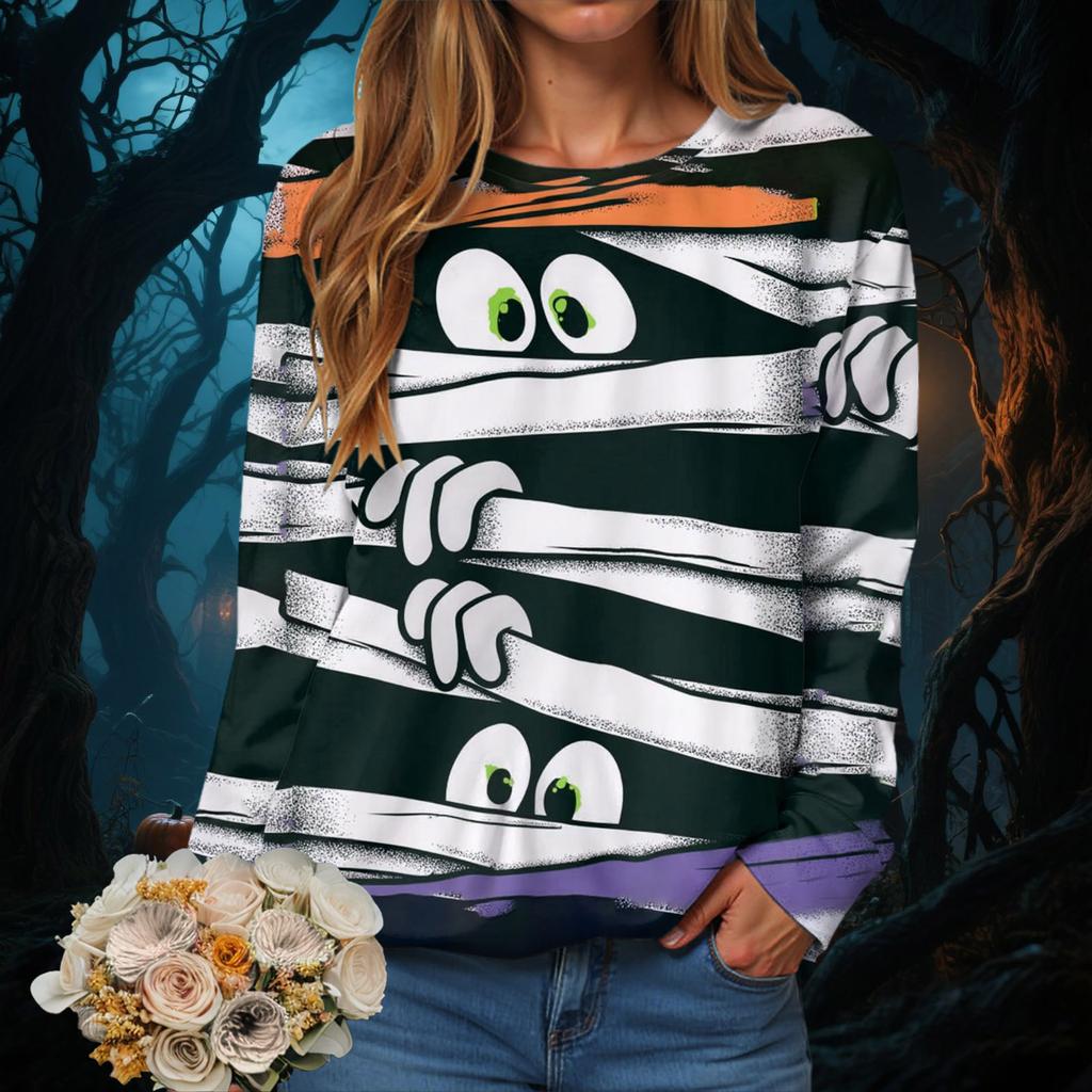 Halloween Serie 3D Digital bedrucktes Damen Harajuku Style Casual Rundhals Langarm T-Shirt