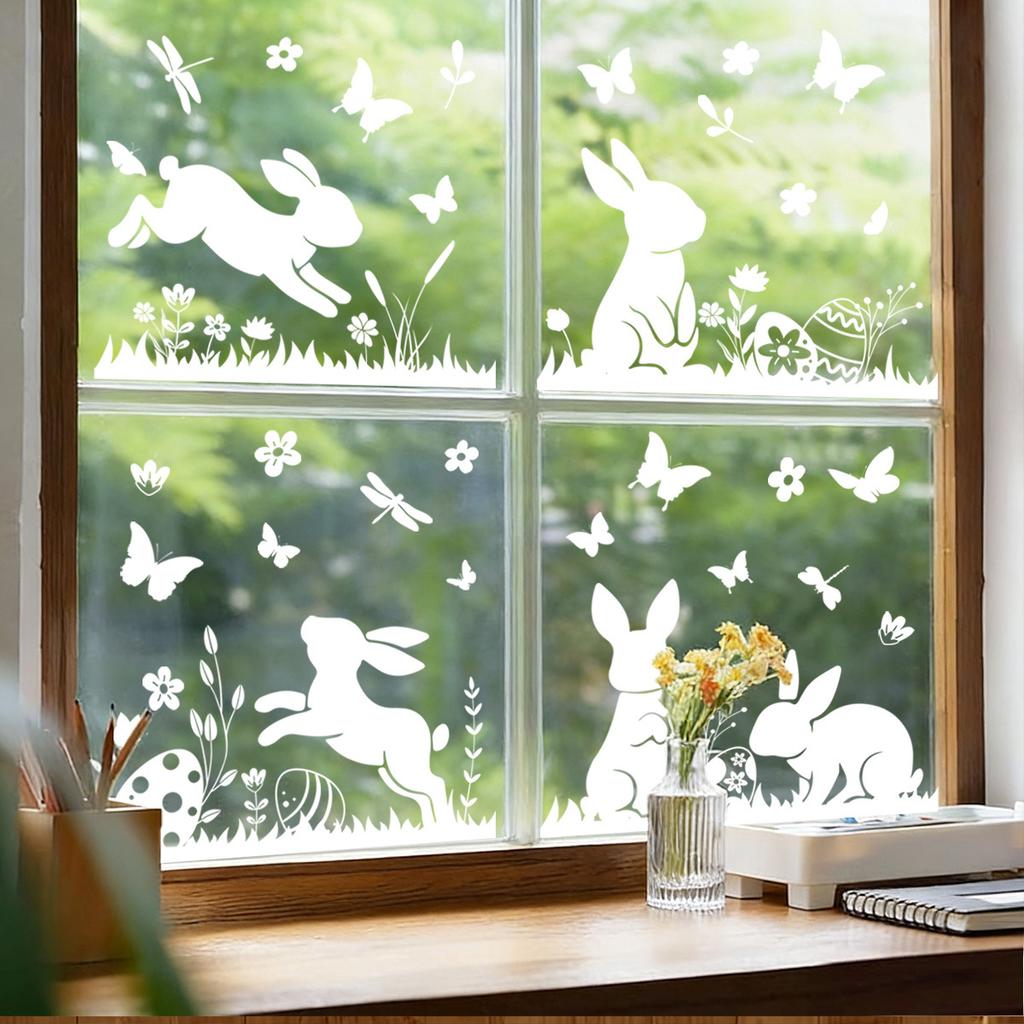 White Jumping Bunny Easter Window Clings Static Cling for Home Party Scene Decoration Removable Reusable