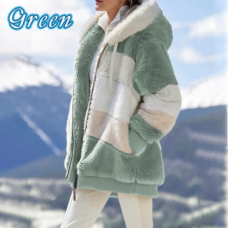 

European & American 2025 Autumn/Winter Warm Plush Patchwork Hooded Jacket with Zipper Pockets for Women 2XL зелёный