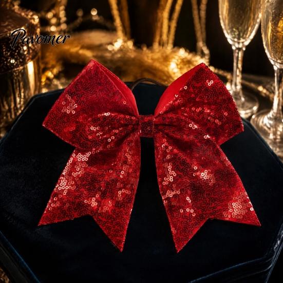 Shiny Hair Bows for Girls Sequins Bows, Elastic Tie, Large Cheerleading Stage Costume Accessories Band Ponytail Holder, Glitter Scrunchies Women Teens
