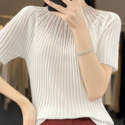 2023 Été Tricoté Chemisier Chemises Décontractées Pour Femmes O-cou Tricots T-shirt Protection Solaire Diamant Manches Courtes Pull T-shirt 28281