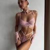 Romantic Pink Women'S Lingerie Sets Sensual Lace Bra Thong Choker 3Pc Sexy Heart Ring Decor Intimate Cute Girls' Costume Sissy