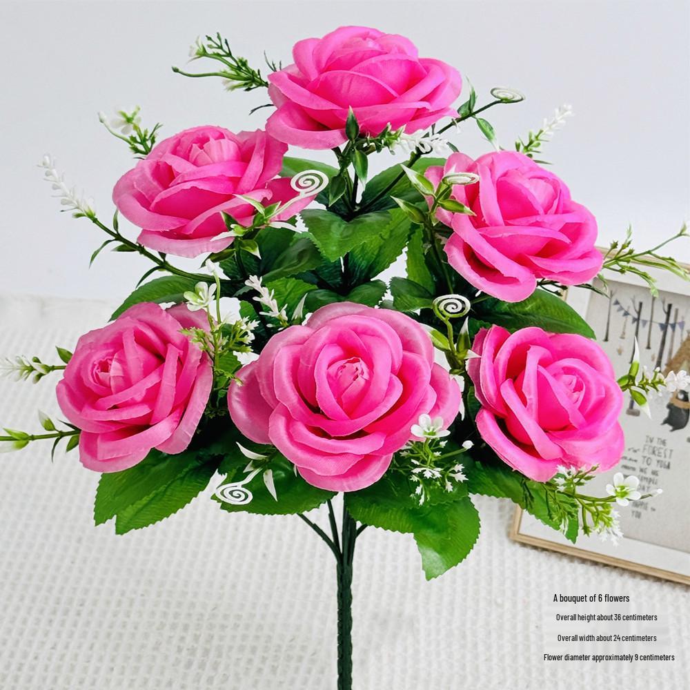 Curly Edge Red Rose Bouquet - 6 Head Artificial Silk Flowers for Living Room Decoration