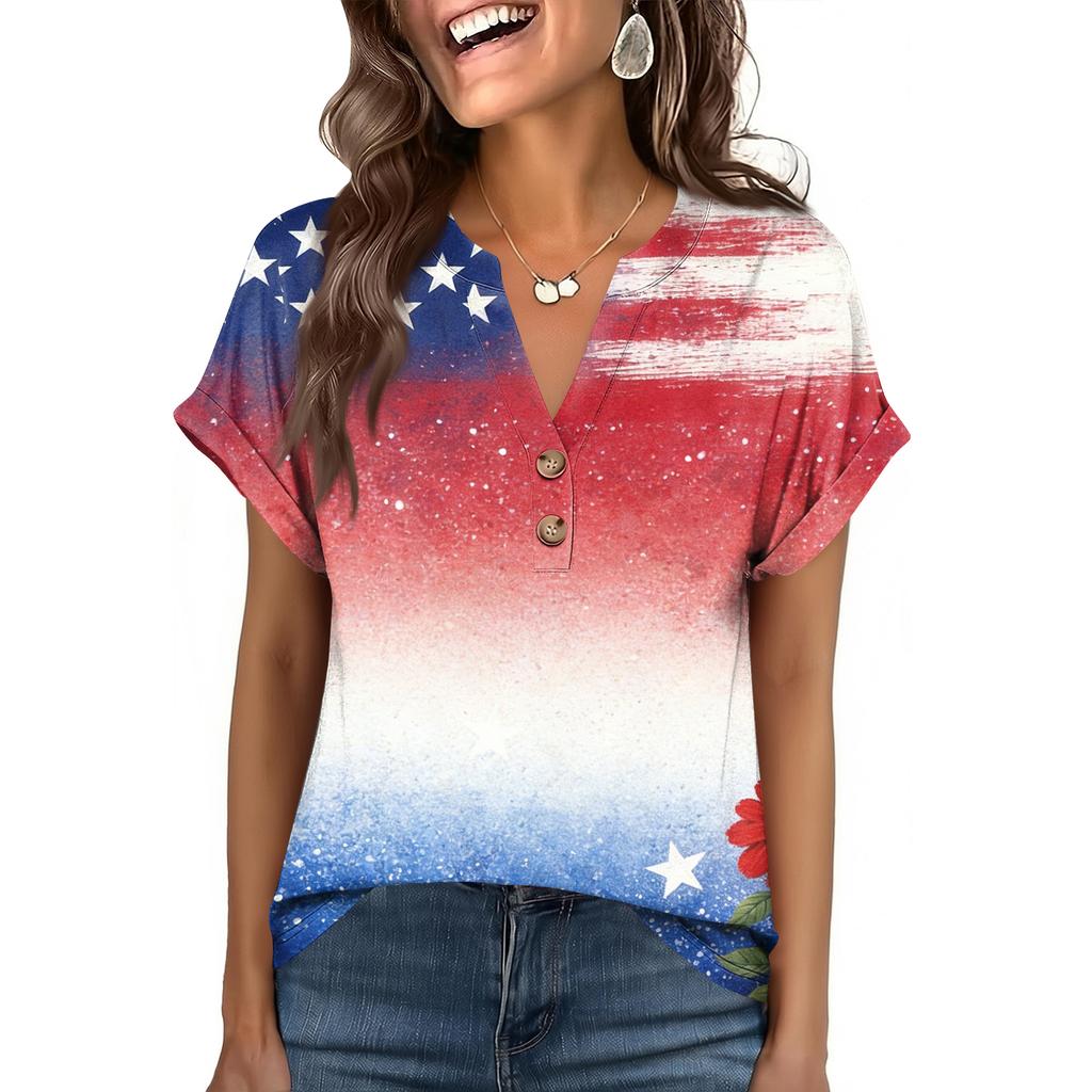 Women's Fashionable Casual Loose-Fit Short-Sleeved Button-Up V-Neck Printed T-Shirt Top