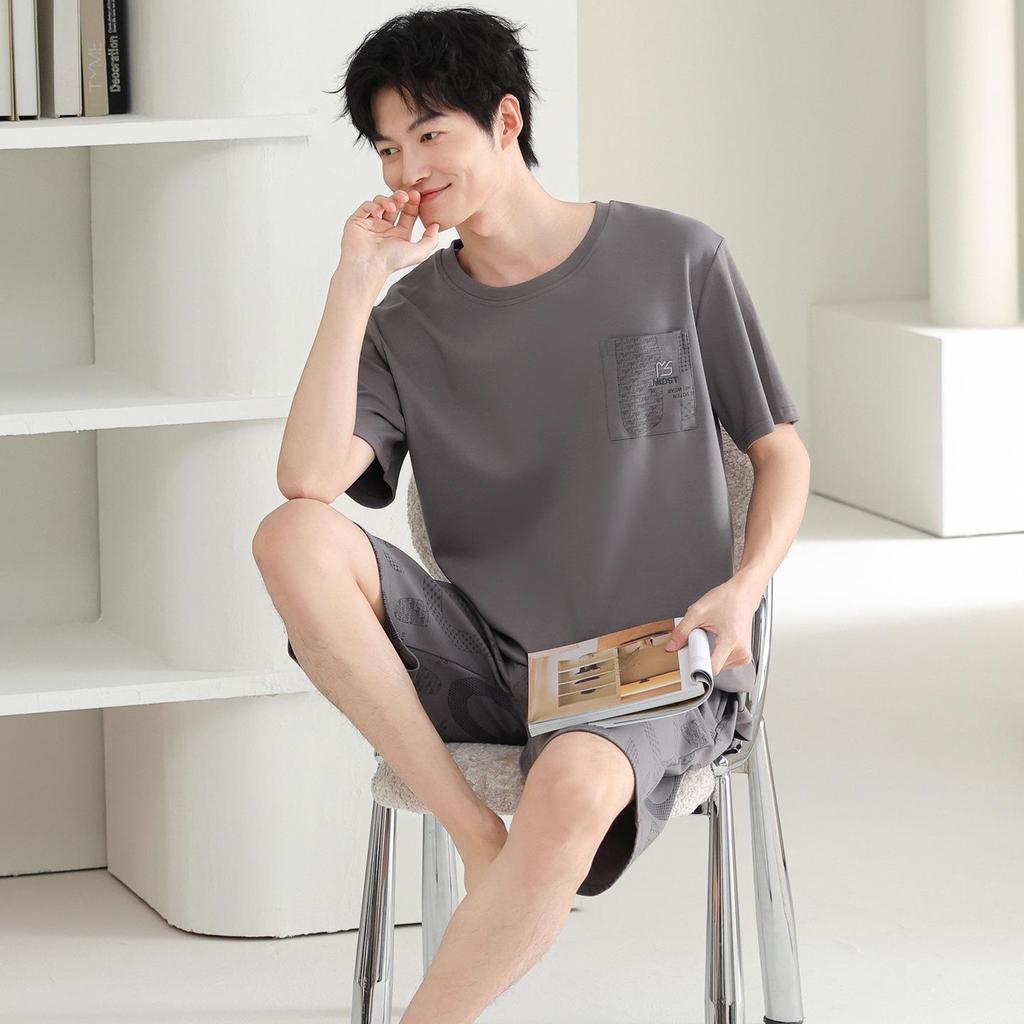 Men's 100% Cotton Short Sleeve Pajama Set - Summer Lightweight, Wearable Outdoors, Ideal for Teens