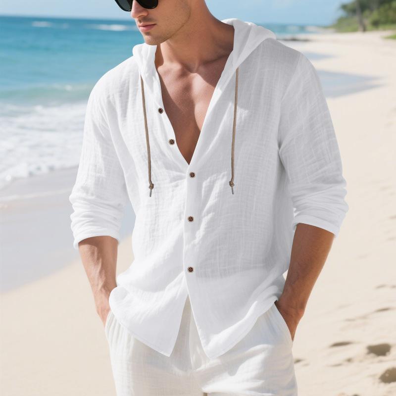Oversized Shirt - Spring/Autumn Loose-Fit Solid-Colour Linen Men's Casual Long-Sleeved Hooded Cardigan