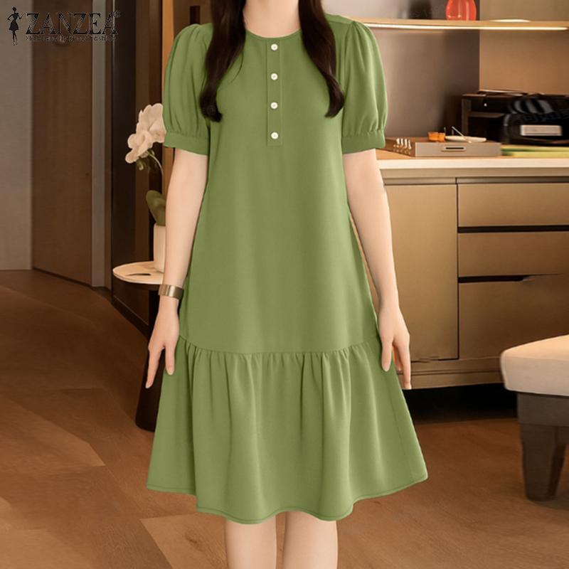ZANZEA Women Casual Round Neck Solid Color Summer Short Sleeve Dress