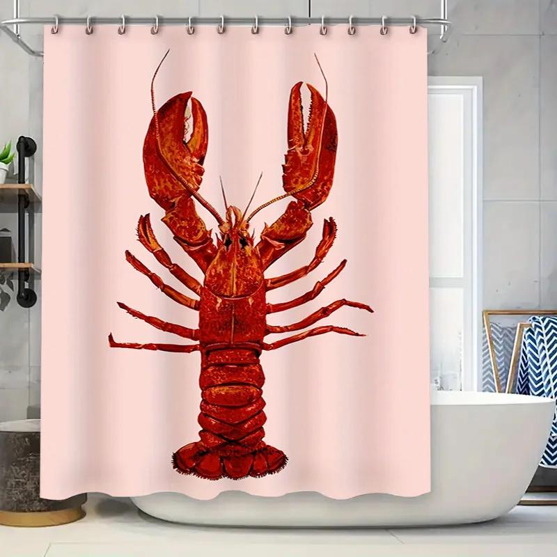 Red Lobster-themed 3D printed shower curtain for bathroom decor waterproof fabric with rod hooks included (Light Pink)