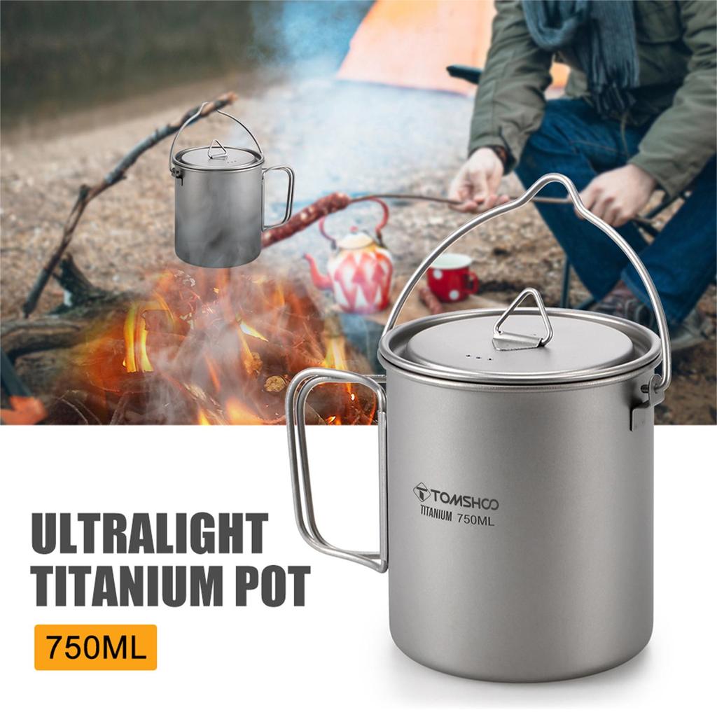 TOMSHOO Ultralight 750ml Titanium Pot Portable Titanium Water Mug Cup with Lid and Foldable Handle Outdoor Camping Cooking Picnic