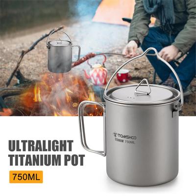 TOMSHOO Ultraleichter 750-ml-Titantopf, tragbarer Titan-Wasserbecher mit Deckel und faltbarem Griff, Outdoor-Camping, Kochen, Picknick