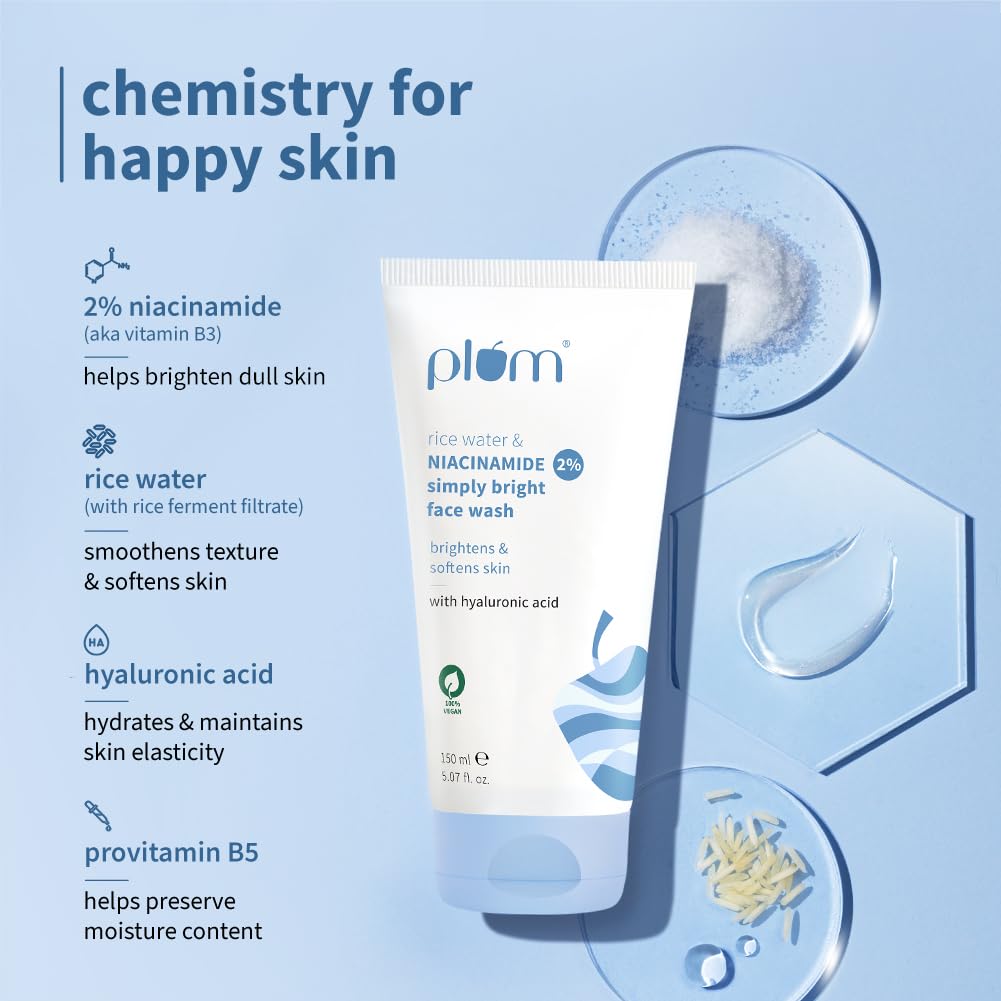 Plum Simply Bright 2% Niacinamide Face Wash with Rice Water for Gentle Daily Cleansing 150ml Pack of 1