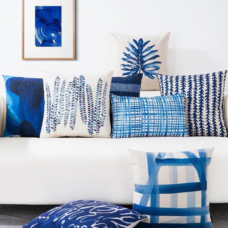 New Blue Geometric Linen Pillowcase Home Sofa Pillowcase