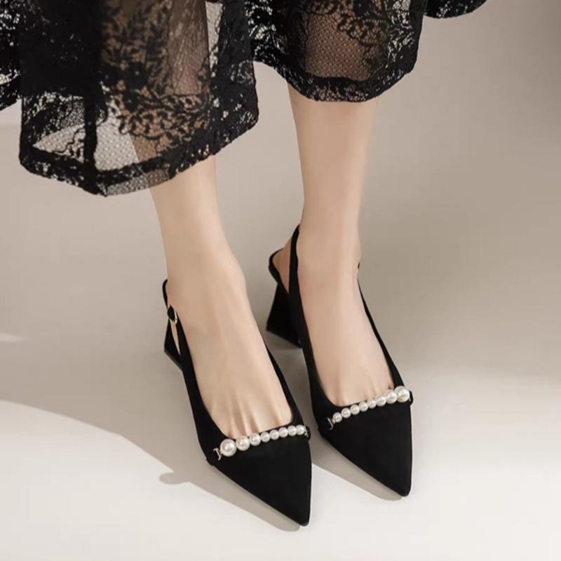 Fashion Women's Fashion Baotou Sandals Summer New Pointed Head Shallow Mouth Bead Suede Anti-slip Wear-resistant Thick Heels