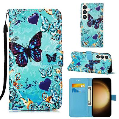 Portafoglio in PU con Farfalla Blu e Farfalla di Cristallo, Custodia Flip con Portafoto per iPhone Samsung Huawei Honor Xiaomi Redmi Oppo vivo Google TCL Infinix