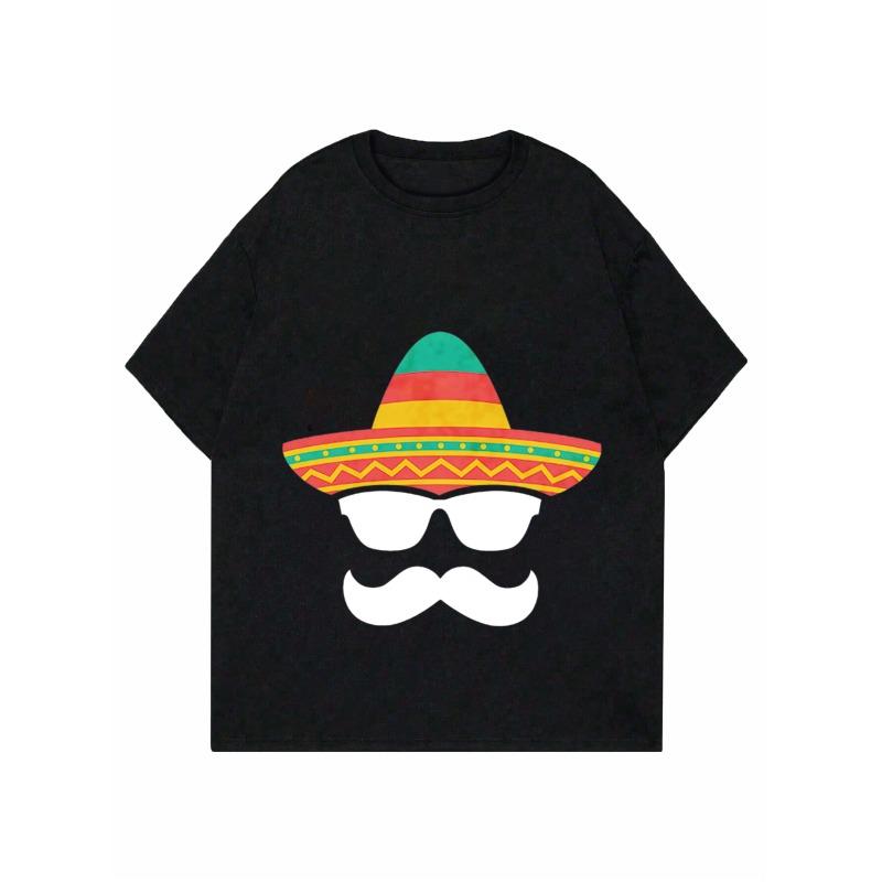 Women Casual T Shirt Black Mexican Sombrero Mustache Print Summer Party Wear
