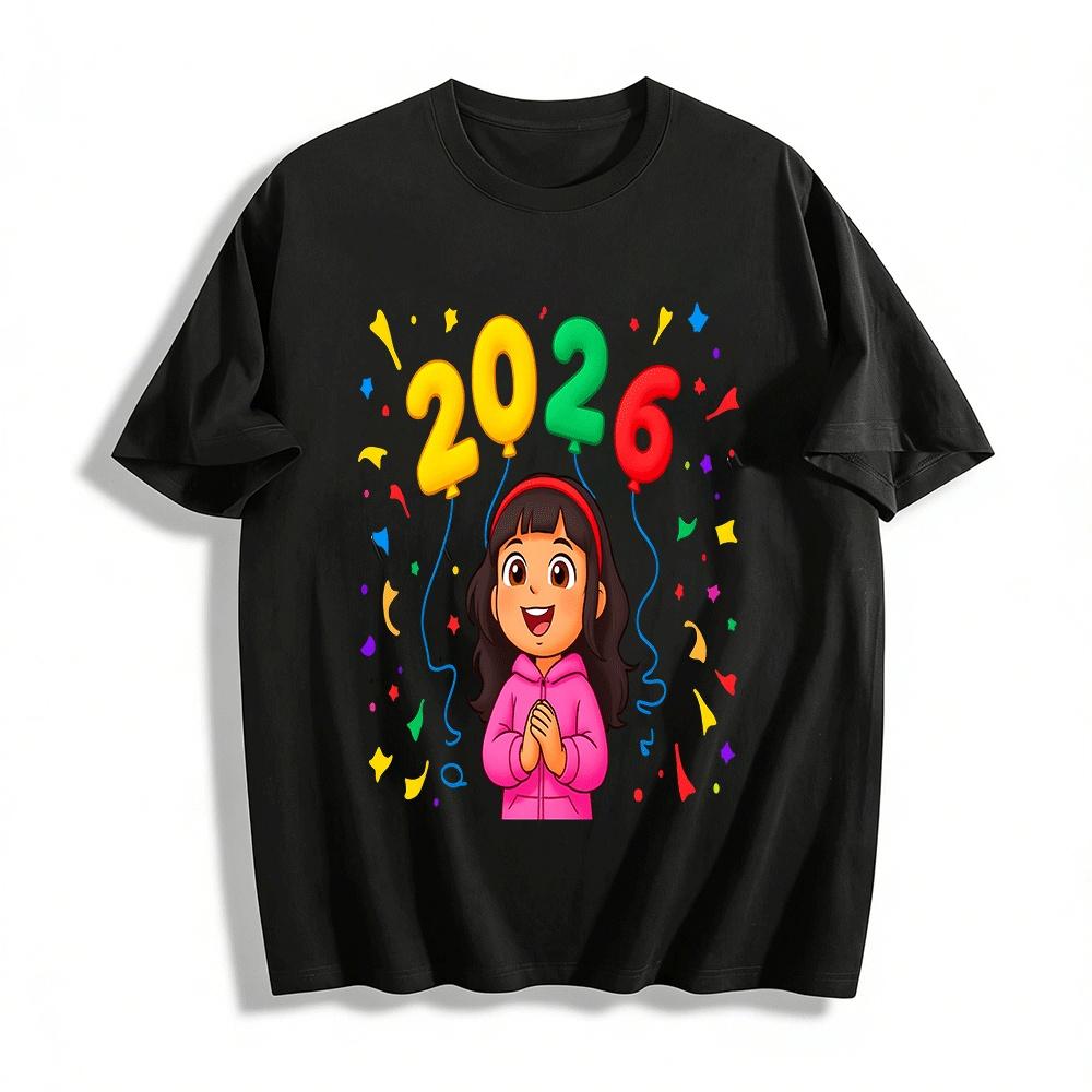 2026 New Year Cute Balloon Print Girls  Hooded Top Pure cotton T-shirt XXS