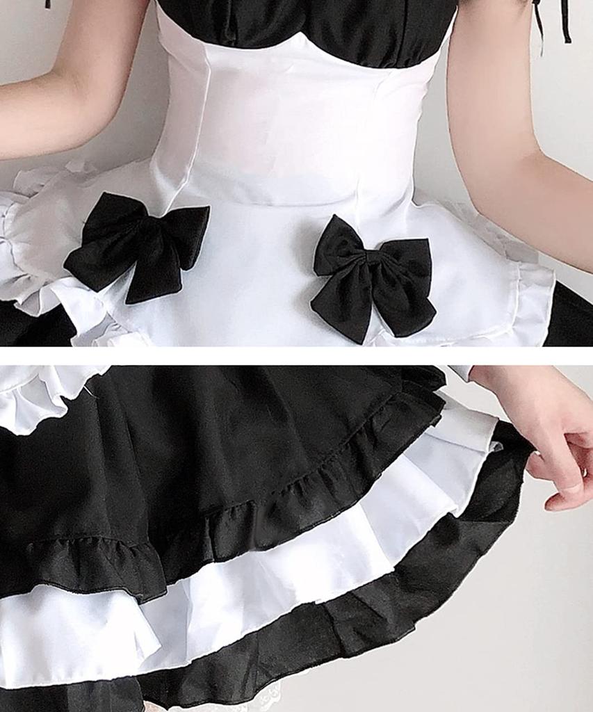 [Milky Time] Maid Costume Cosplay Dress, Puff Sleeves, Mini Length, Light Blue, Black and White (Includes Black and White Ribbon)