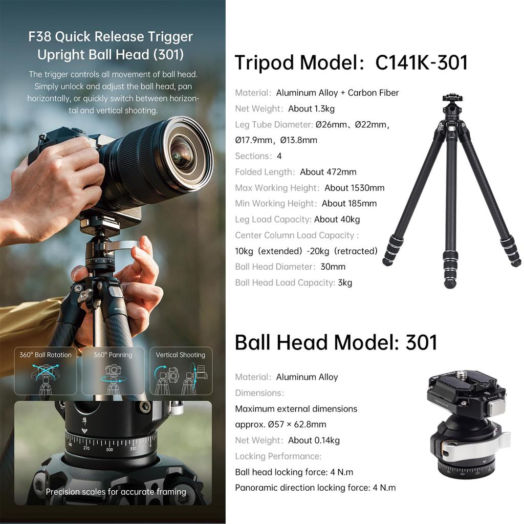 FALCAM TreeRoot QuickLock Lite Carbon Fiber Tripod with Ball and Compact Travel Tripod with 40kg Vertical Load Thick Legs for Cameras Head,
