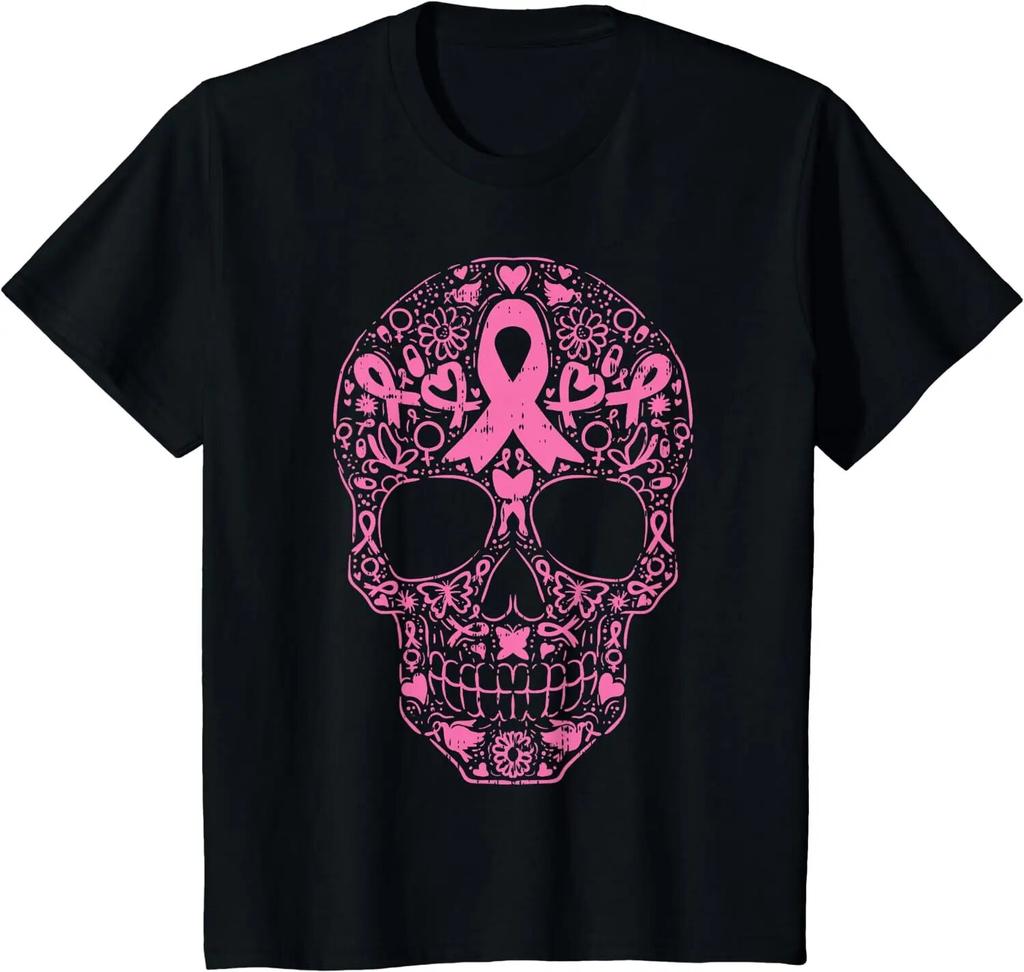 Sugar Skull Pink Ribbon Calavera Brustkrebs-Bewusstseins-T-Shirt, kurz, lässig, täglich, vier Jahreszeiten, T-Shirt, Grafik-T-Shirts, T-Shirts