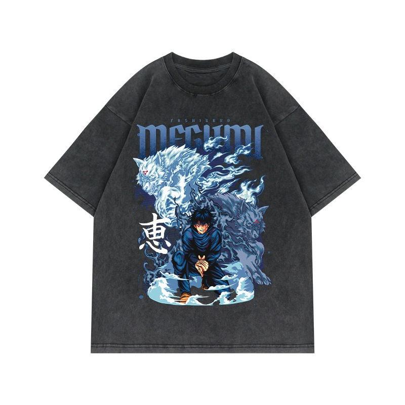 Jujutsu Kaisen Megumi Fushiguro Divine Dogs Printed Tshirt Mens and Womens Washed Tshirt High Quality Vintage Tshirt