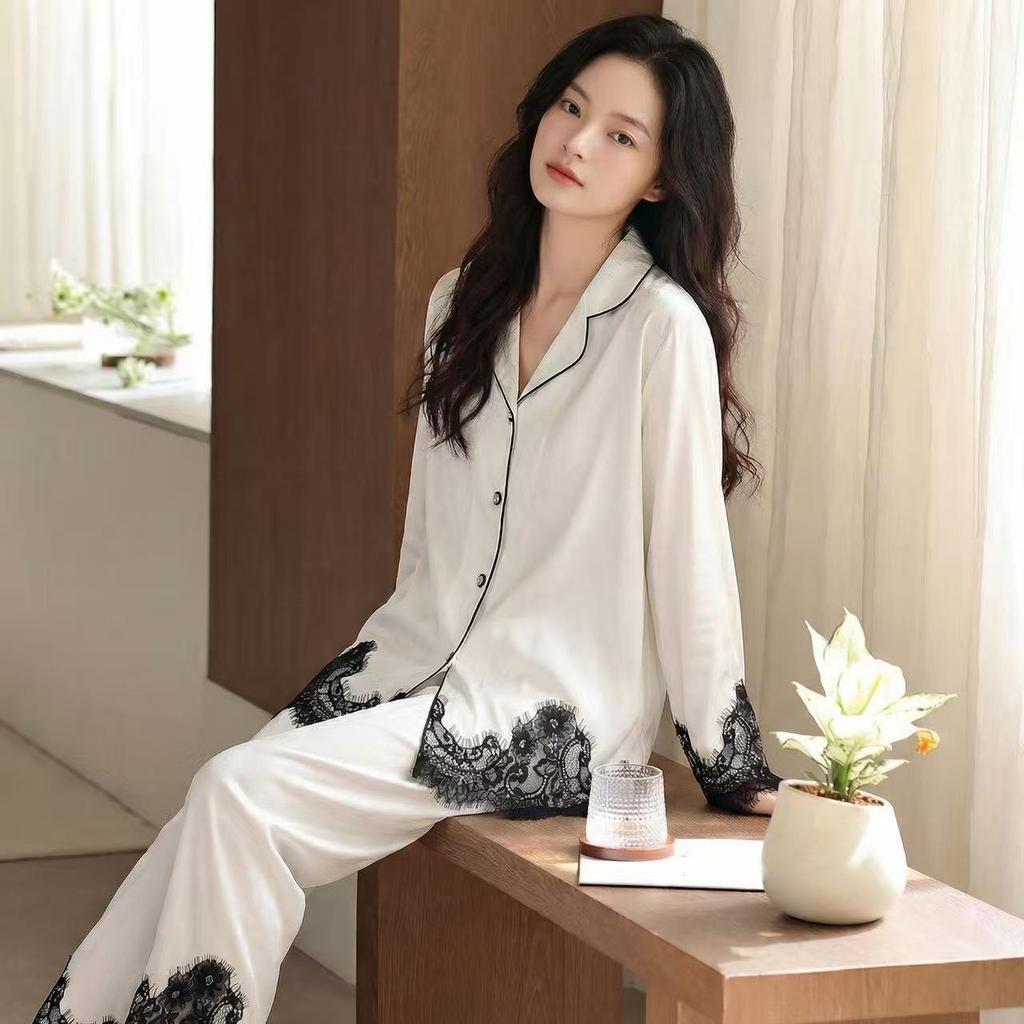 Women's French Luxury Ice Silk Lace Pajamas Set - Long Sleeve & Pants