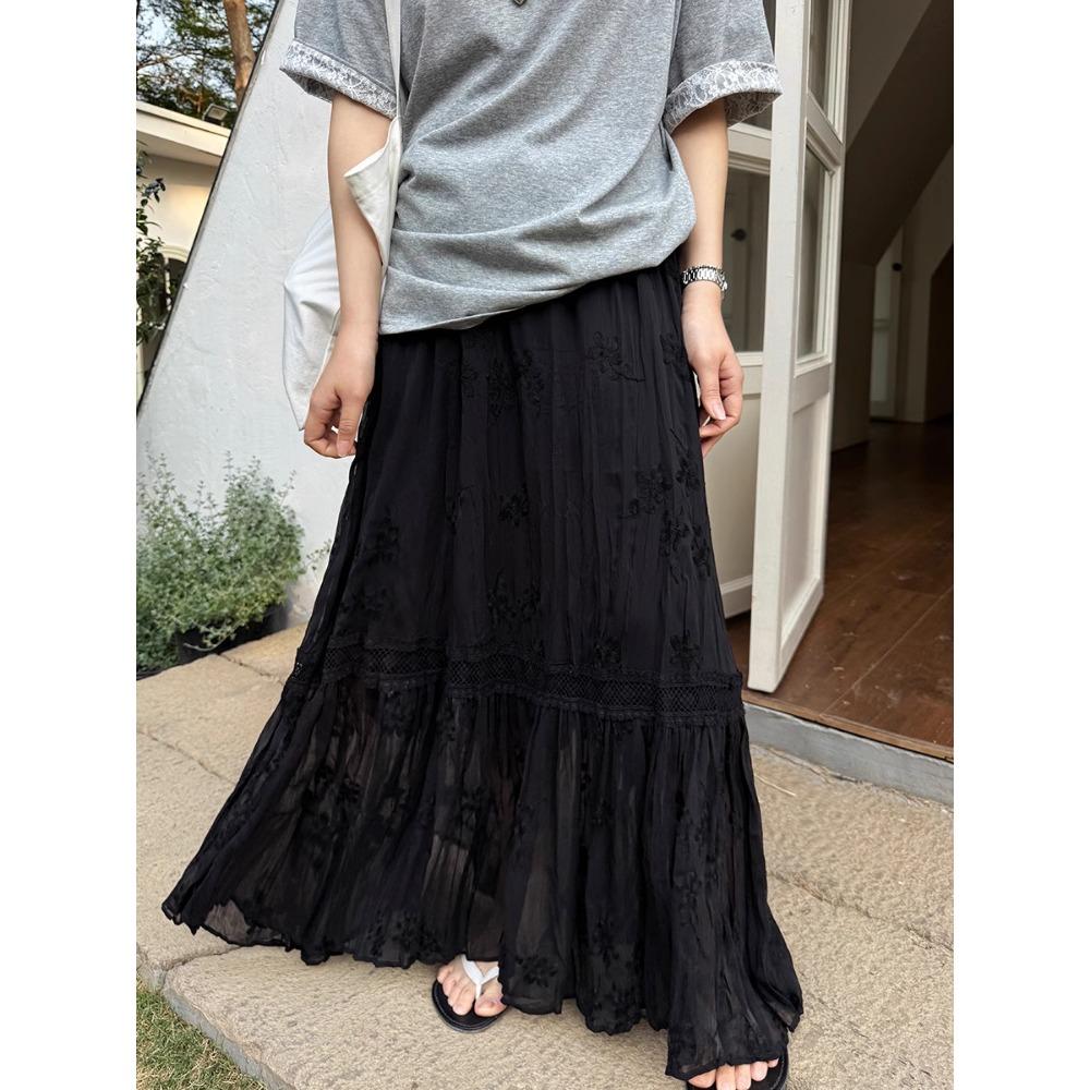 

DIMANAF 2025 Лето Женские Новые Юбки Шифон Кружево Однотонные Эластичная Талия Плиссированная Сетка Элегантные Юбки One Size чёрный