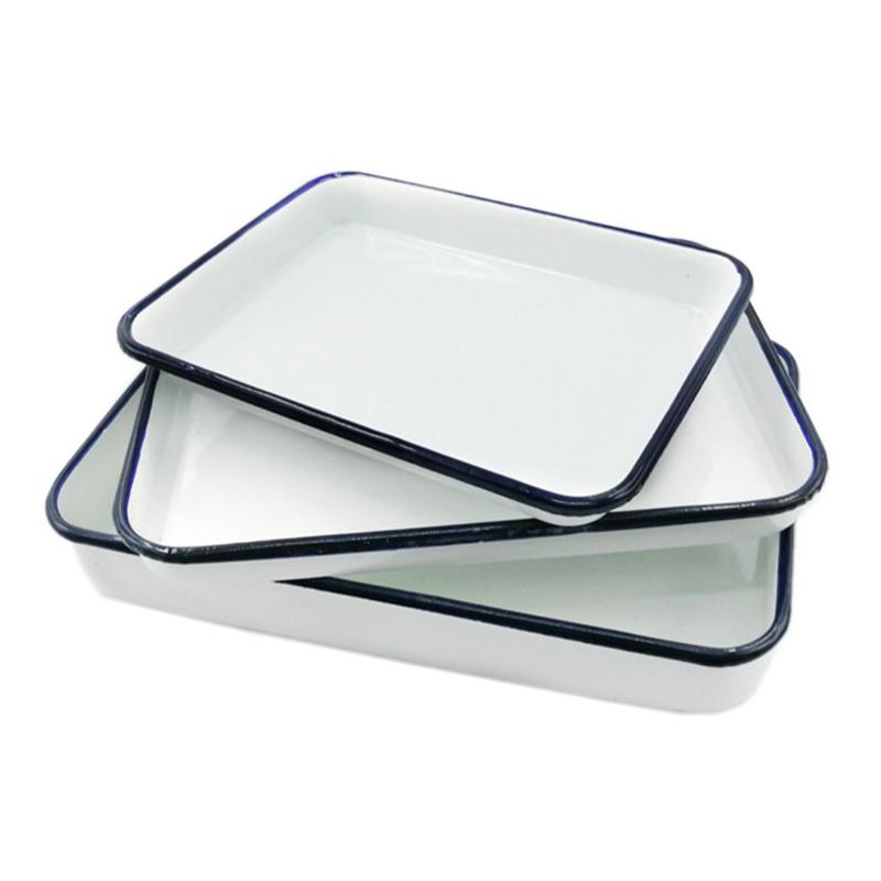 1PCS Handcrafted Vintage Tray White Enamel Home Cake Oven Baking Tray Square Retro Plates