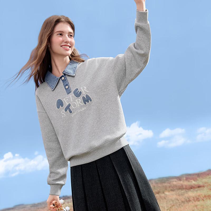 BETU Women's 2025 Autumn Embroidered Denim Patchwork Sweatshirt