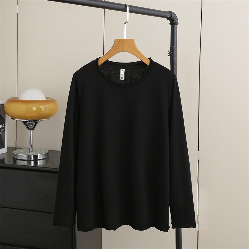 Plus Size Women's Long Sleeve Spring Top - Frayed Hem Snowflake Cotton Shirt, Simple Inner Layer T-shirt for Chubby Girls